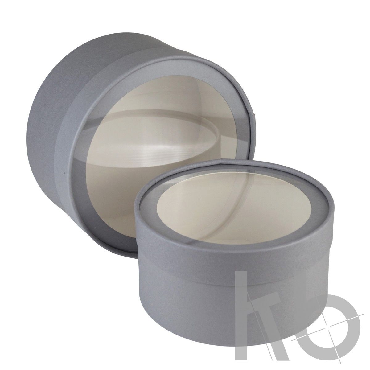 Серая круглая кашированная коробка с окном