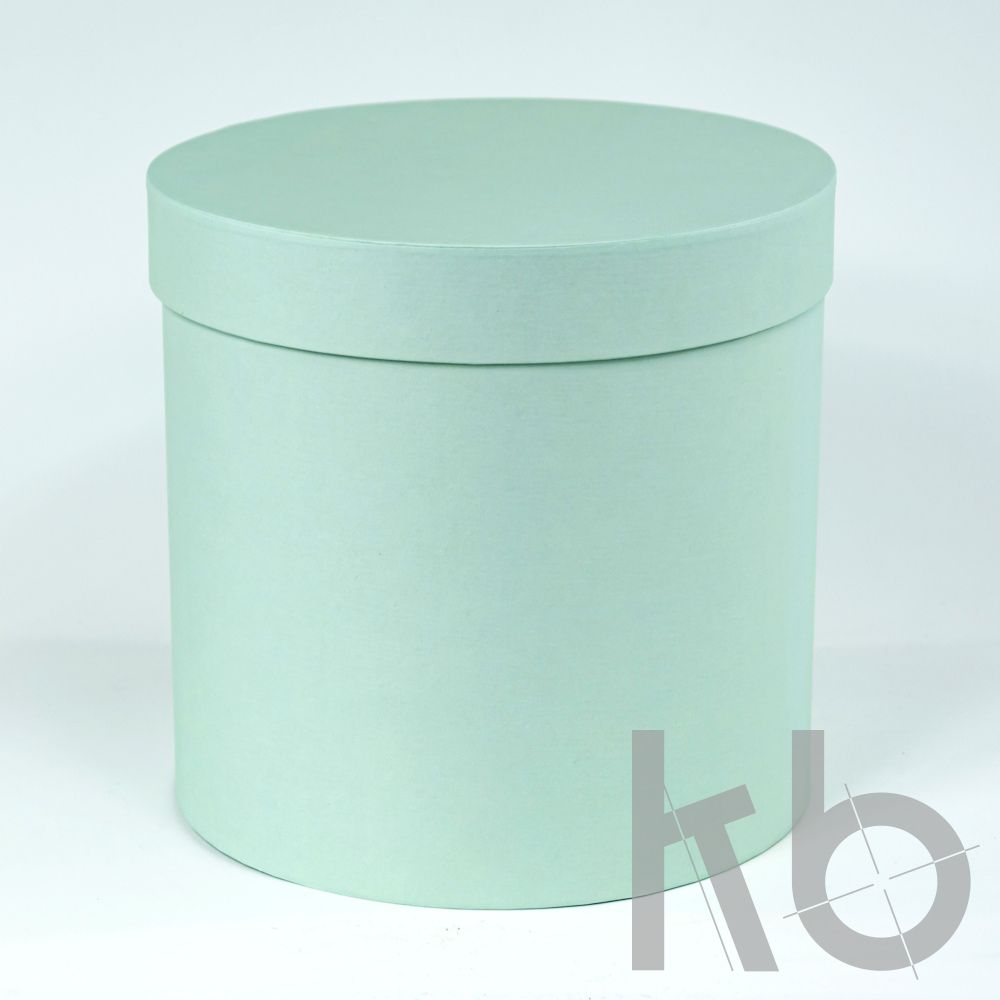 Круглая кашированная коробка бледно-зеленая с крышкой