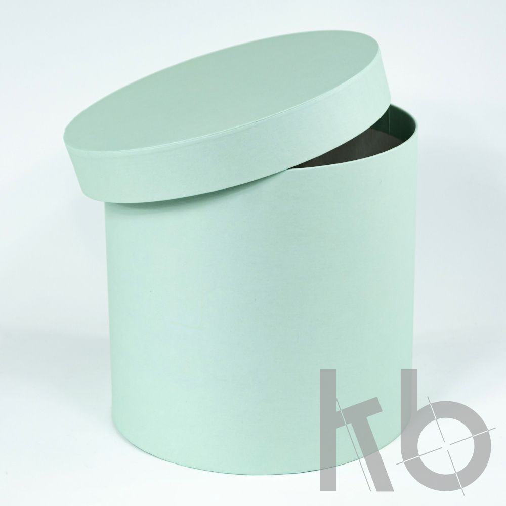 Круглая кашированная коробка бледно-зеленая с крышкой
